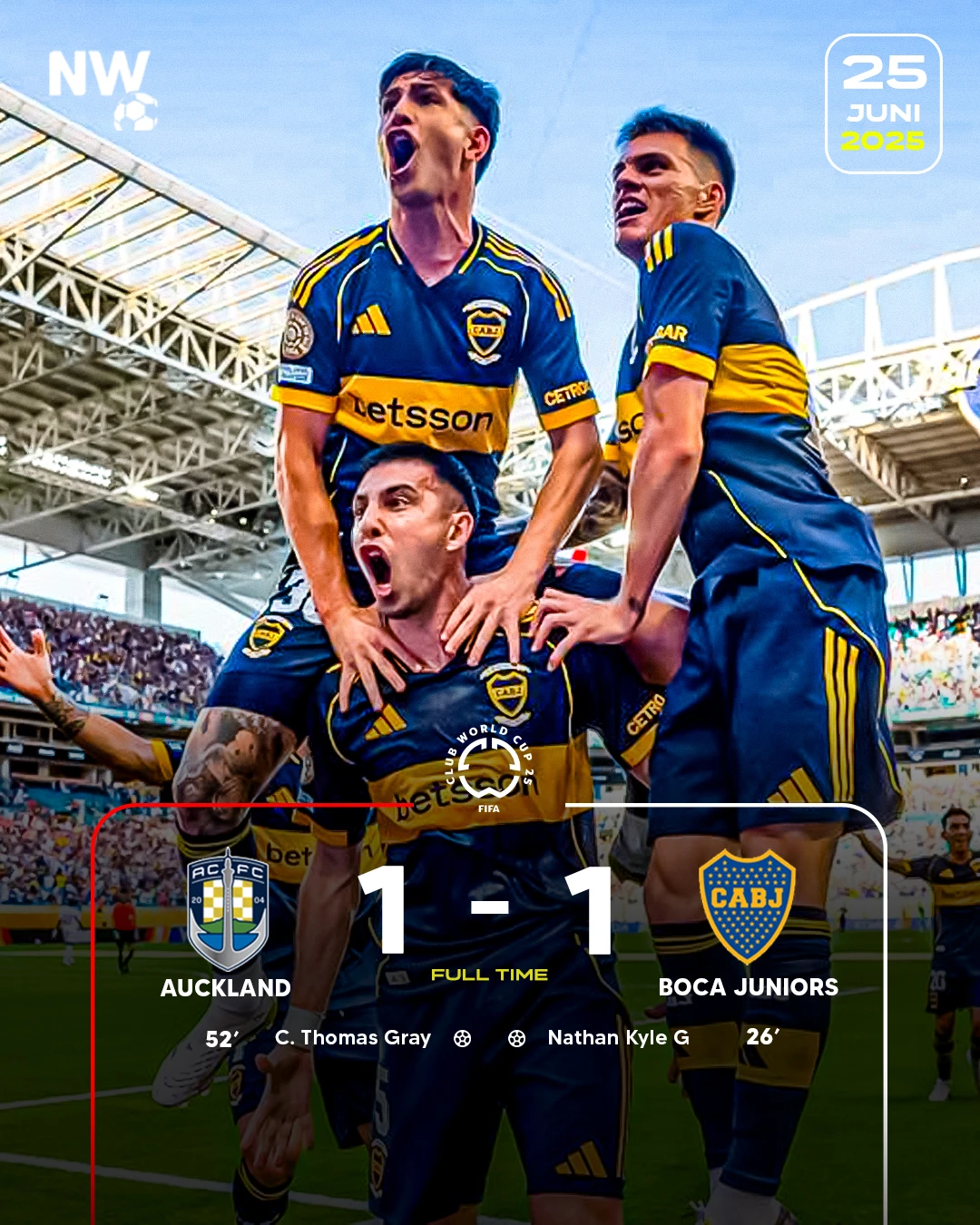 Hasil Piala Dunia Antarklub 2025: Auckland City Vs Boca Juniors Tuntas 1-1